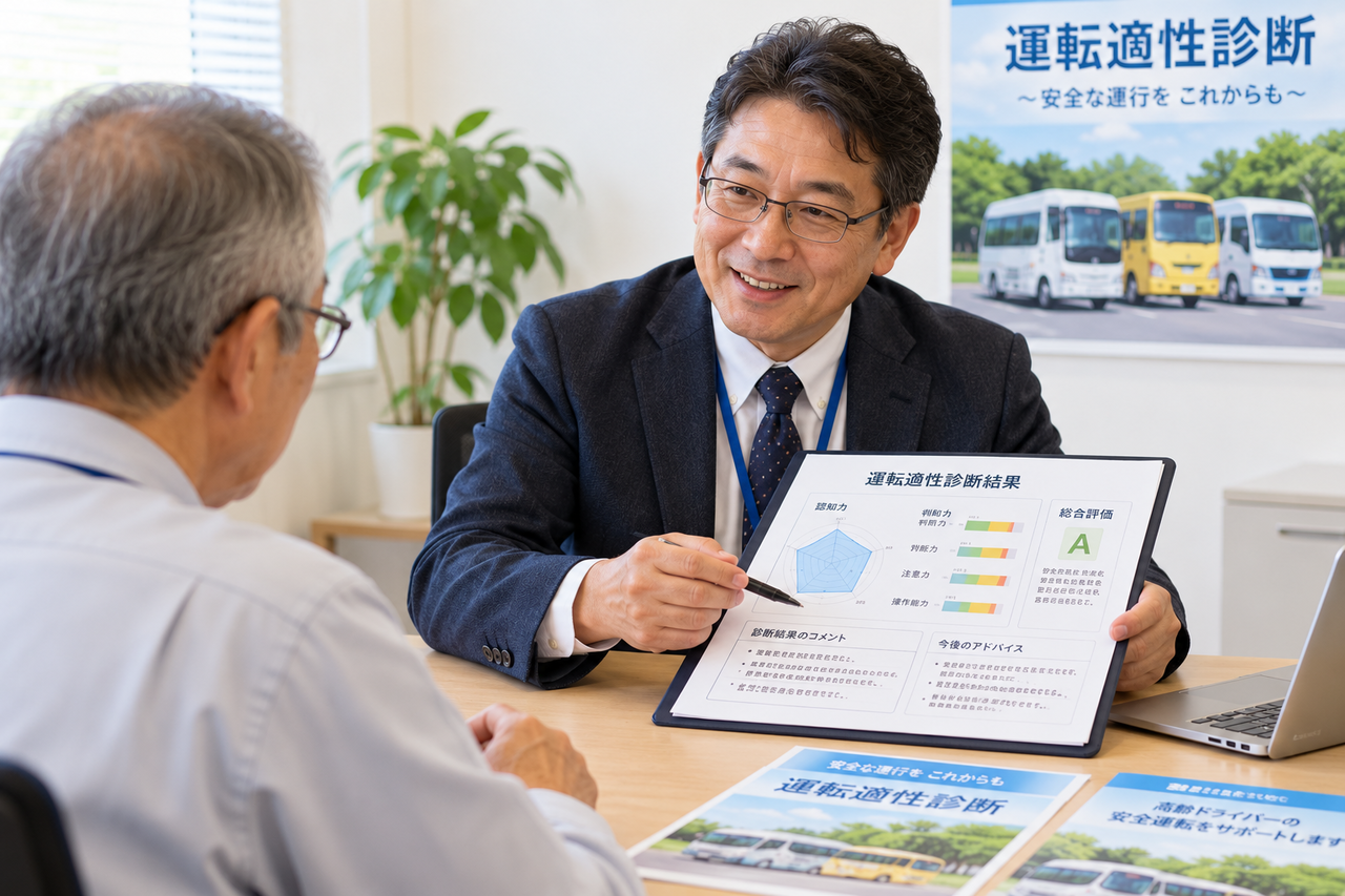 診断結果の資料を使って運転者に説明する男性相談員